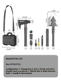 Black military shovel set with axe, knife, attack cone, whistle and lighter accessories