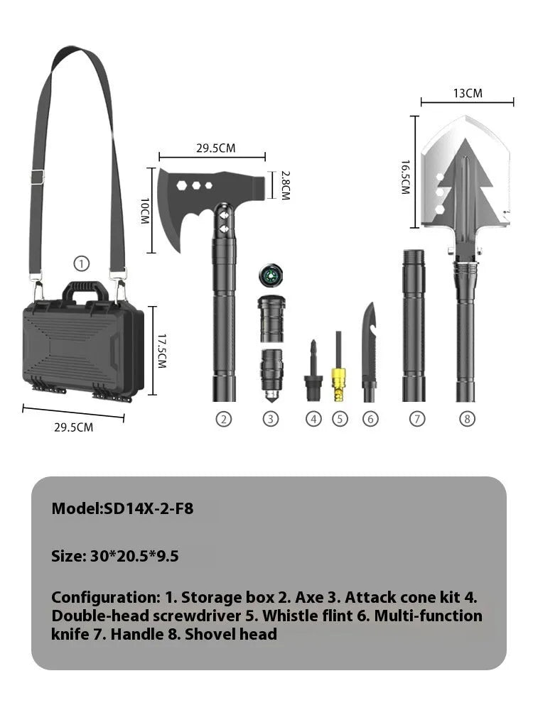 Black military shovel set with axe, knife, attack cone, whistle and lighter accessories