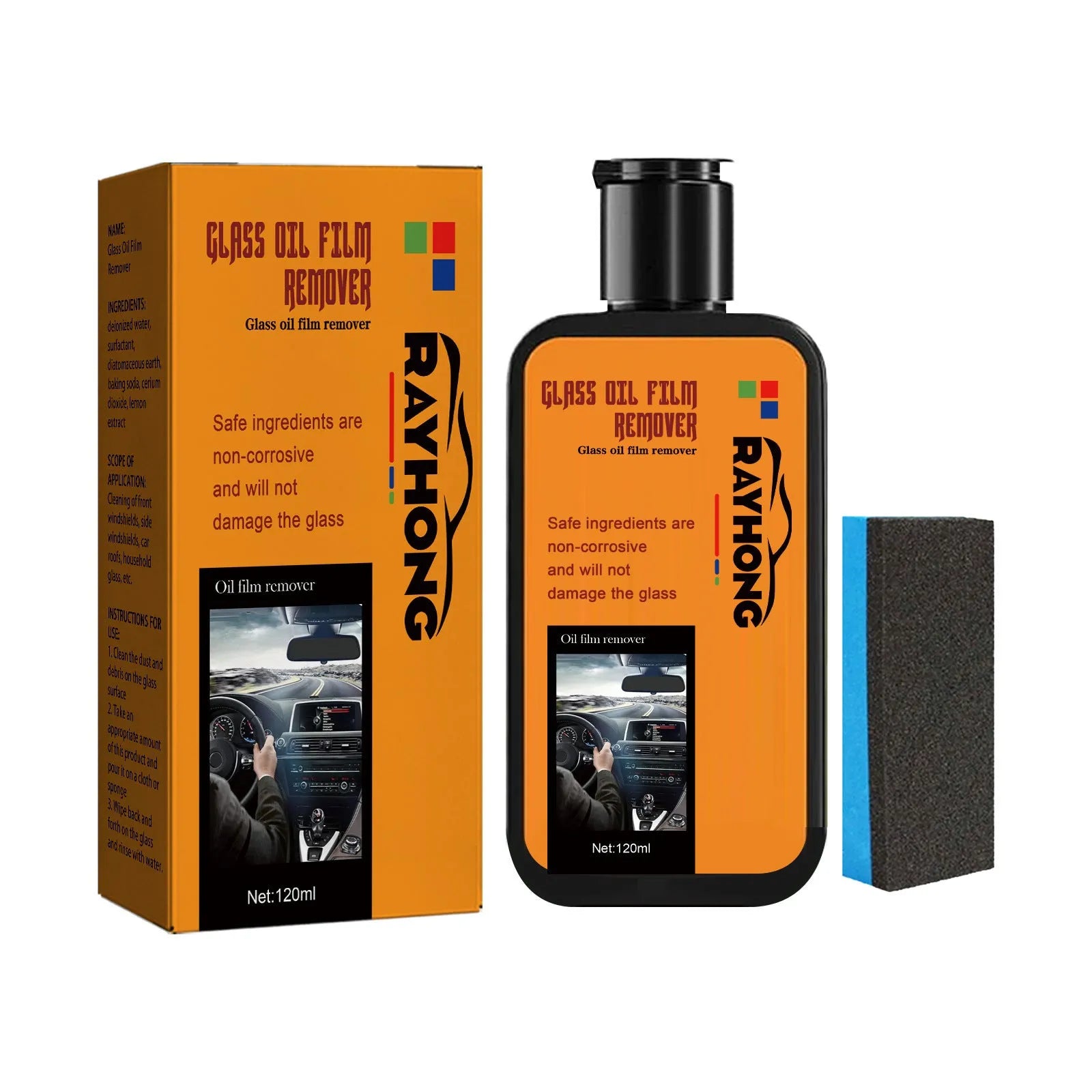 120ml car window glass cleaner bottle with sponge for removing oily films and stains
