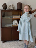 Girls light blue plaid cotton dress with lace detail available in sizes 90cm to 140cm