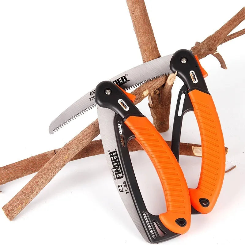 A folding garden hand saw with a TPR grip and a 9-inch 65MN steel blade, shown both open and closed.