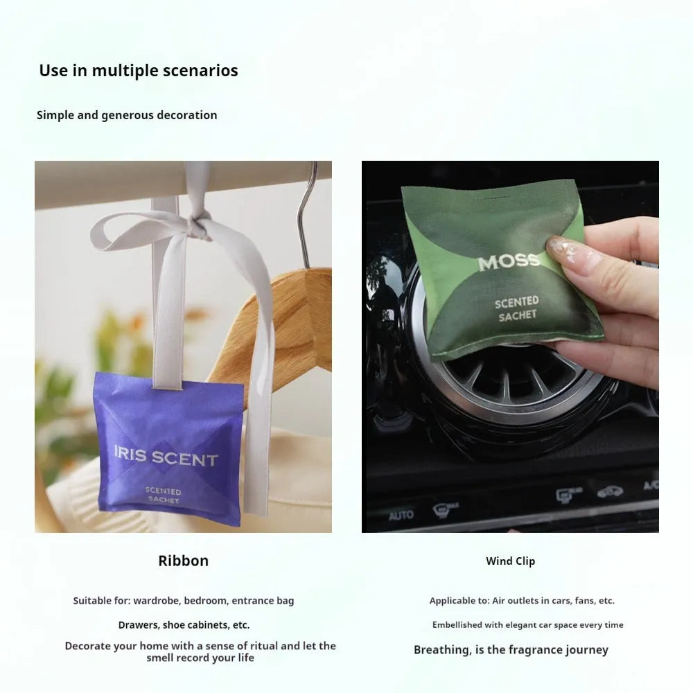 Fenmeiyi car vent aromatherapy sachet in gift box with magnet clip and ribbon, 7x7 cm