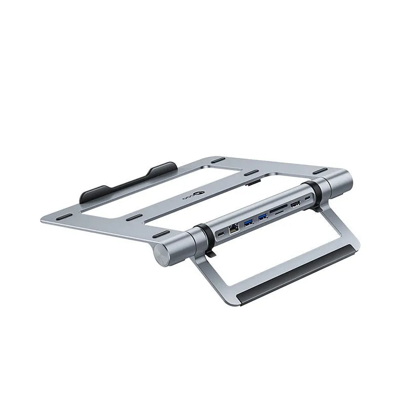 Aluminium notebook docking station bracket with USB 3.0 ports for laptop cable management on desk
