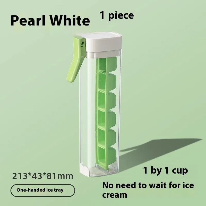 Food-grade plastic ice cube tray with one-press release mechanism and storage box in blue or white.