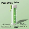 Food-grade plastic ice cube tray with one-press release mechanism and storage box in blue or white.