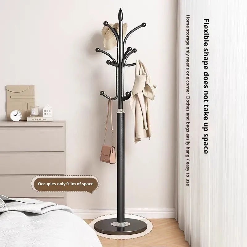 Floor-standing metal coat rack in Black with vertical multiple hooks for bedroom or hallway use