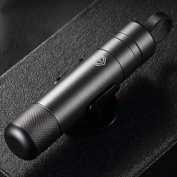 Gun grey aluminium alloy car safety hammer with seatbelt cutter on a 87mm long body