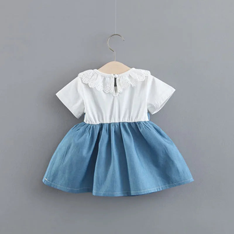 Summer solid colour blue cotton dress with rabbit ears and denim fake two-piece design for girls, front view