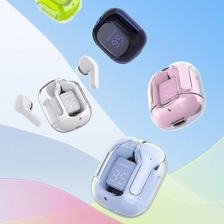Mini wireless Bluetooth headset with LED power display, silicone case, earplugs, and USB-C charging cable on a grey background.