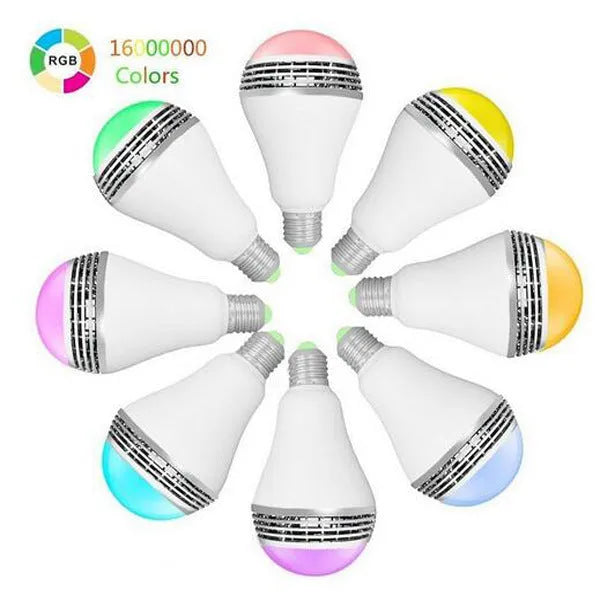 E27 LED smart Bluetooth speaker bulb with white PC body, 100mm diameter.