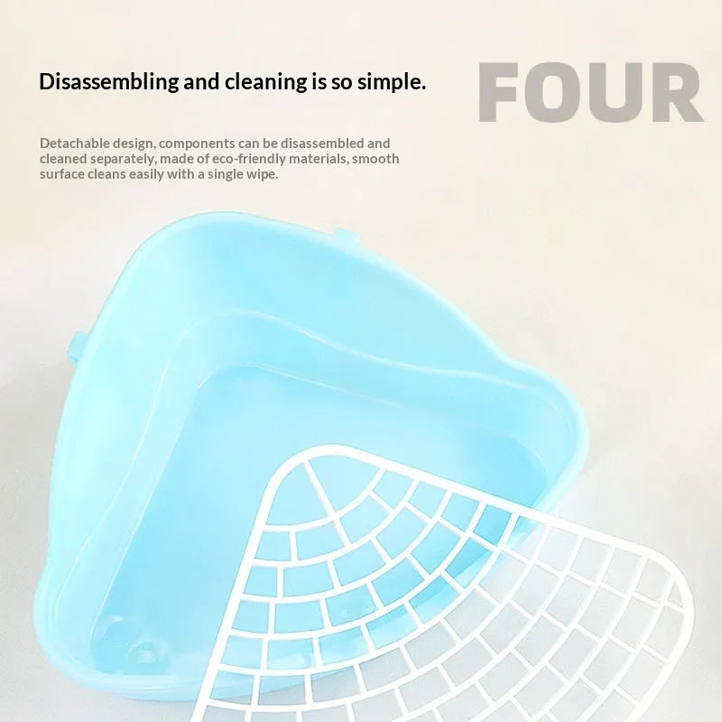 Triangular plastic pet toilet for rabbits, shown as a corner potty in blue, pink, white or yellow