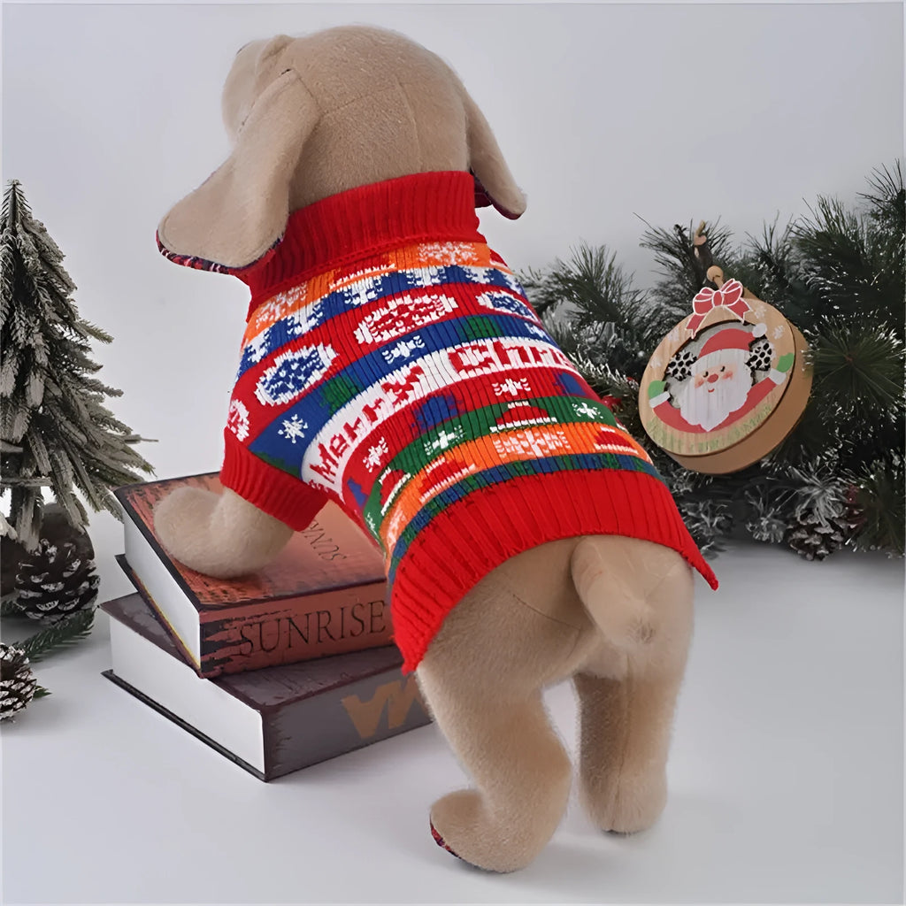 Pet sweater for small dogs and cats, wool blend knit, Christmas tree design in boutique and blue, sizes 6-16