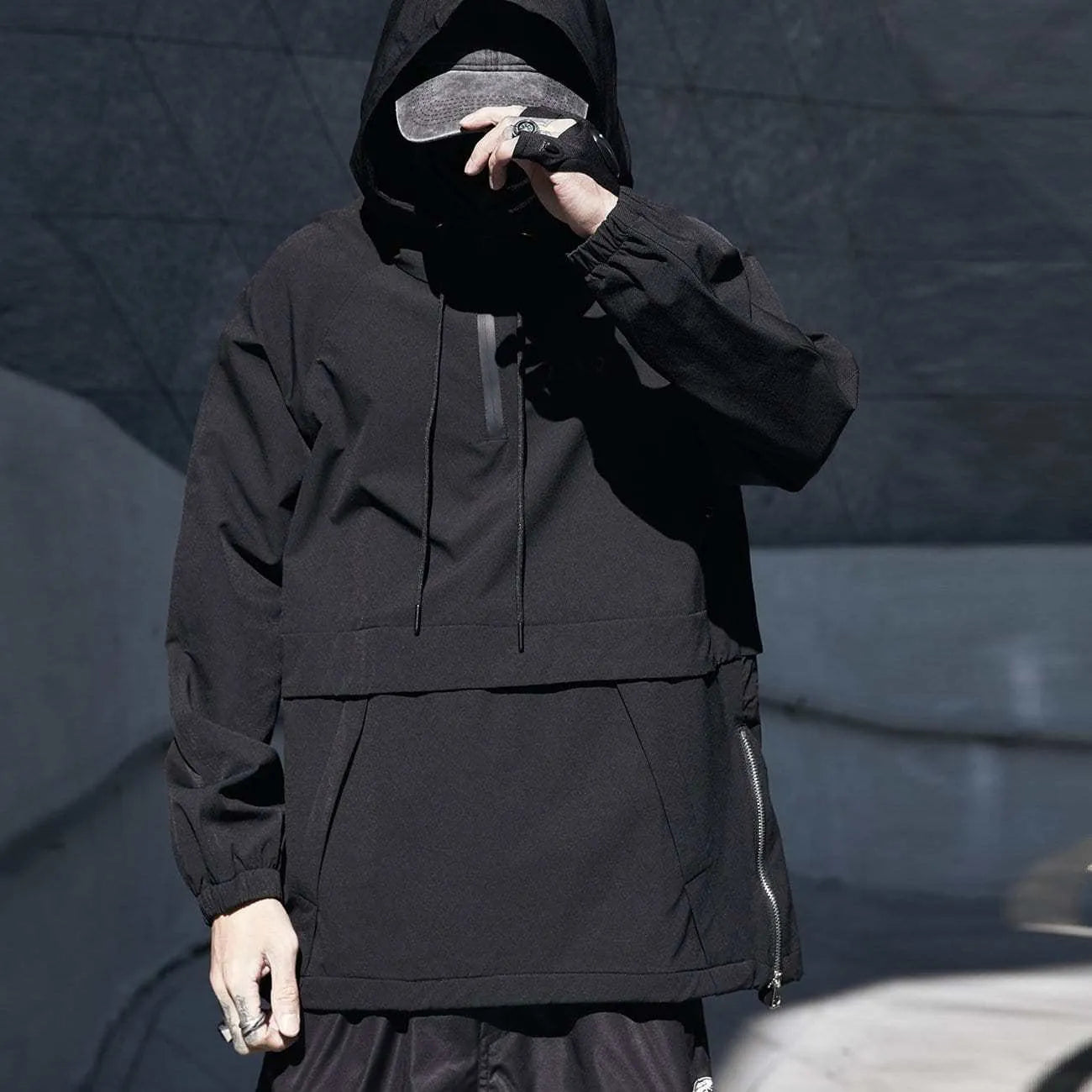 Men's loose thin black hooded solid colour jacket with zip front, front view