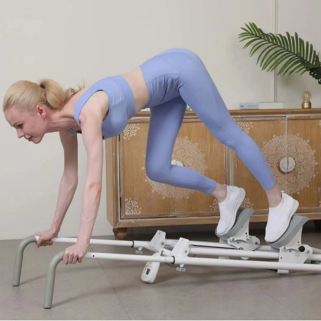 Foldable white multi-function treadmill with integrated indoor climbing frame for home gym.