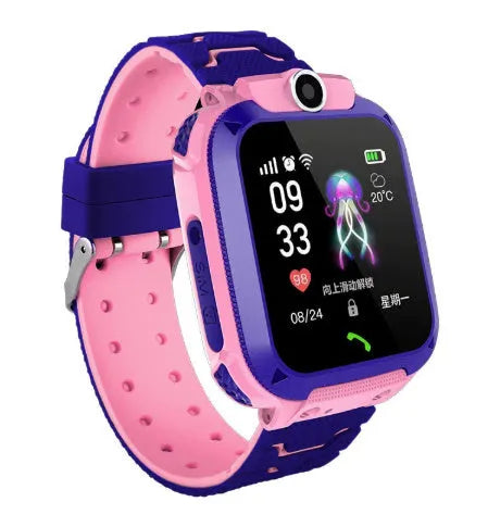 Children's phone watch with touch screen and camera in blue on child's wrist