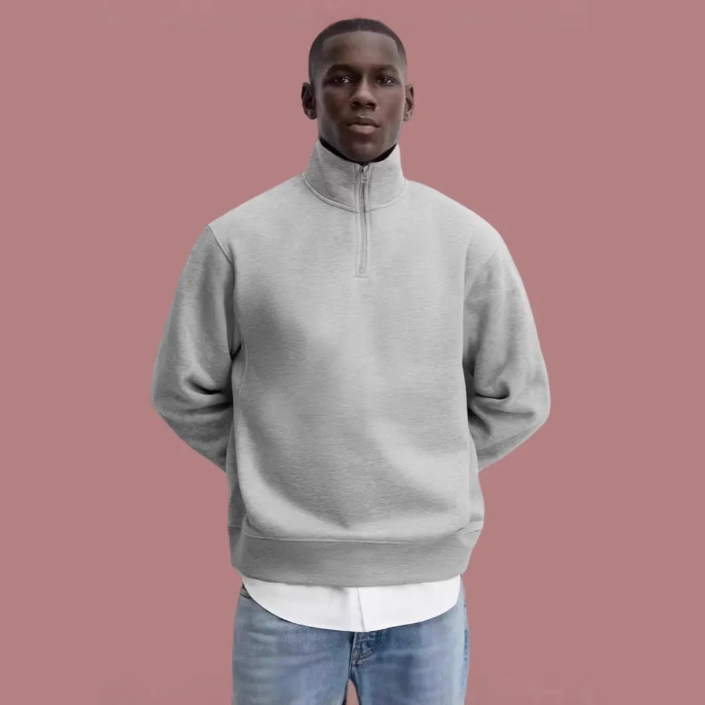 Grey half zip stand collar cotton sweater for men and women with long sleeves