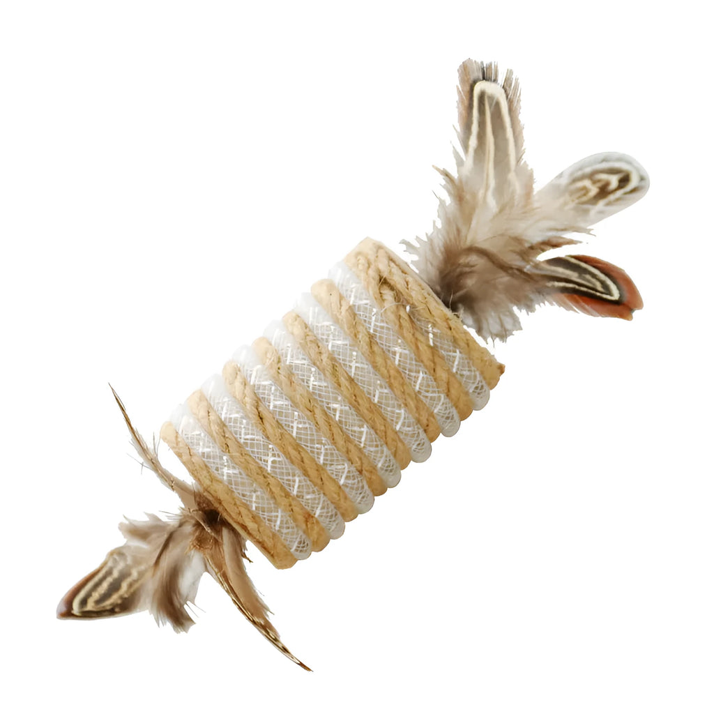 Beige cat toy with hemp rope scratching area, sound-making roller ball, and feather attachments.