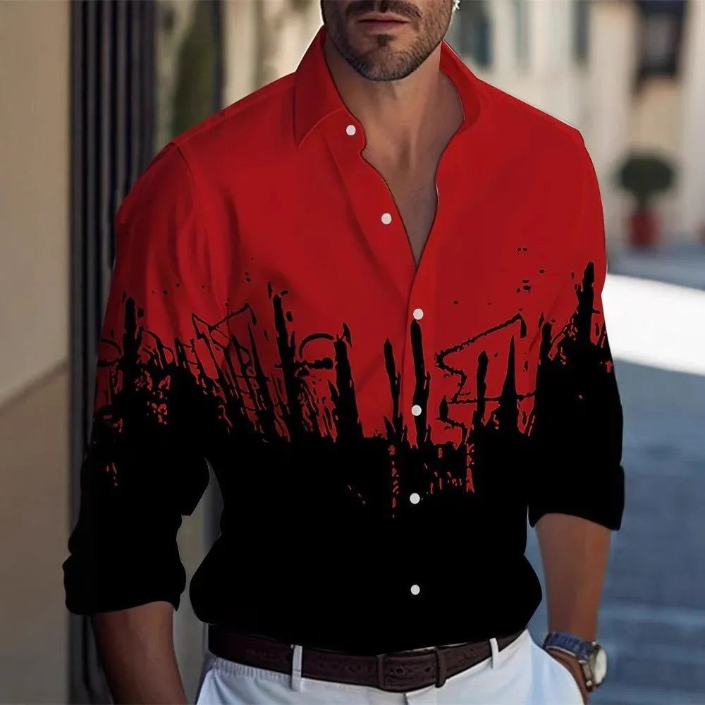 Man wearing a long sleeve Hawaiian shirt with a floral pattern, showcasing the loose fit and cardigan style.