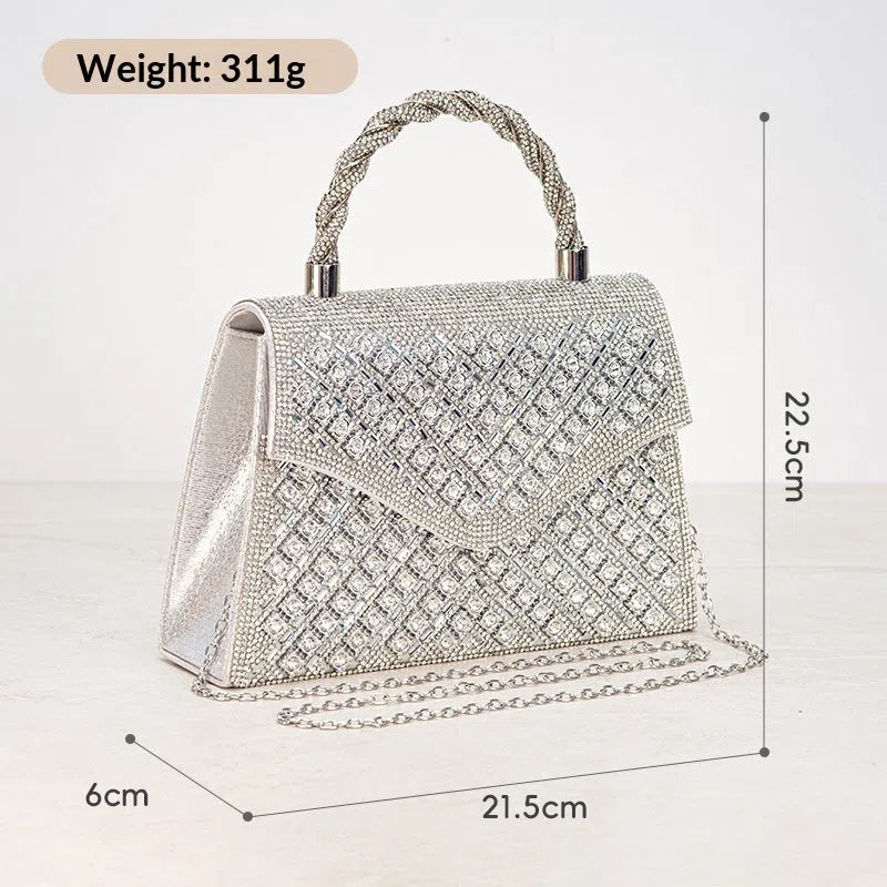 European American retro hard horizontal square crossbody bag with diamond inlay in gold