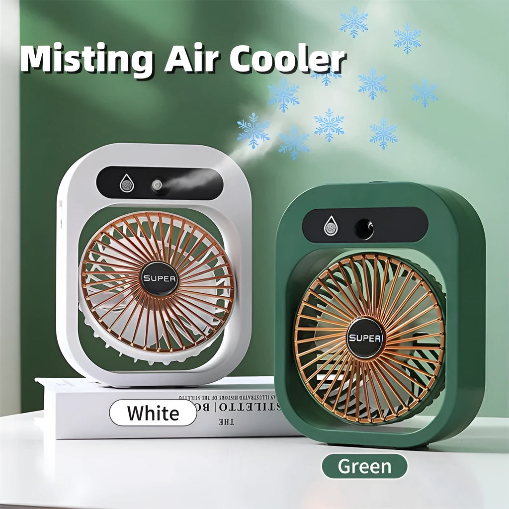 Green and white USB portable misting fan with humidifier function on desk
