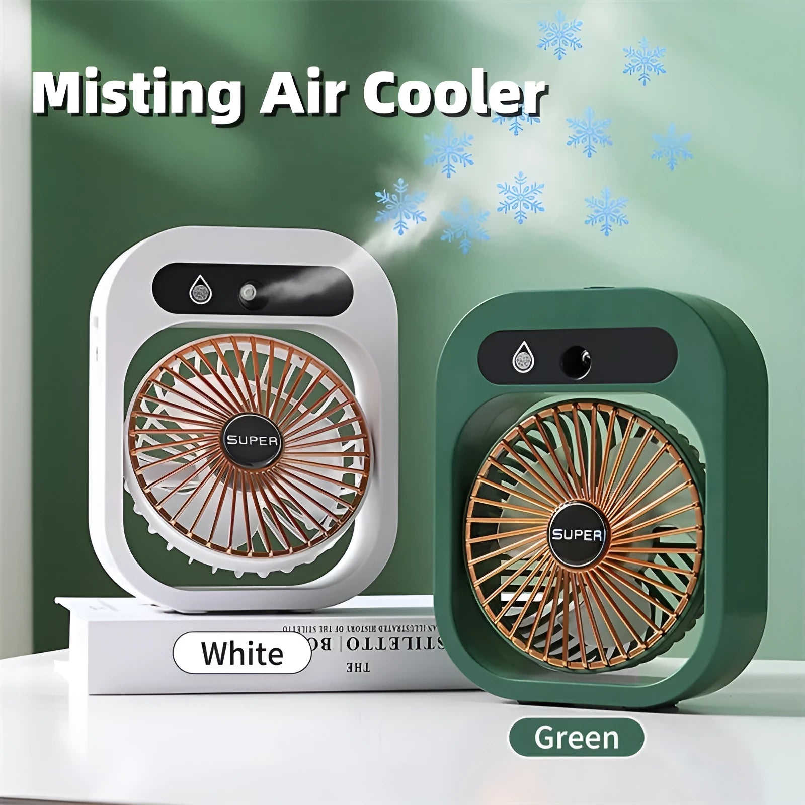 Green and white USB portable misting fan with humidifier function on desk