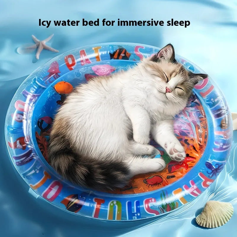 PVC inflatable water cooling mattress for pets in 100cm and 65cm sizes with aquatic graphics