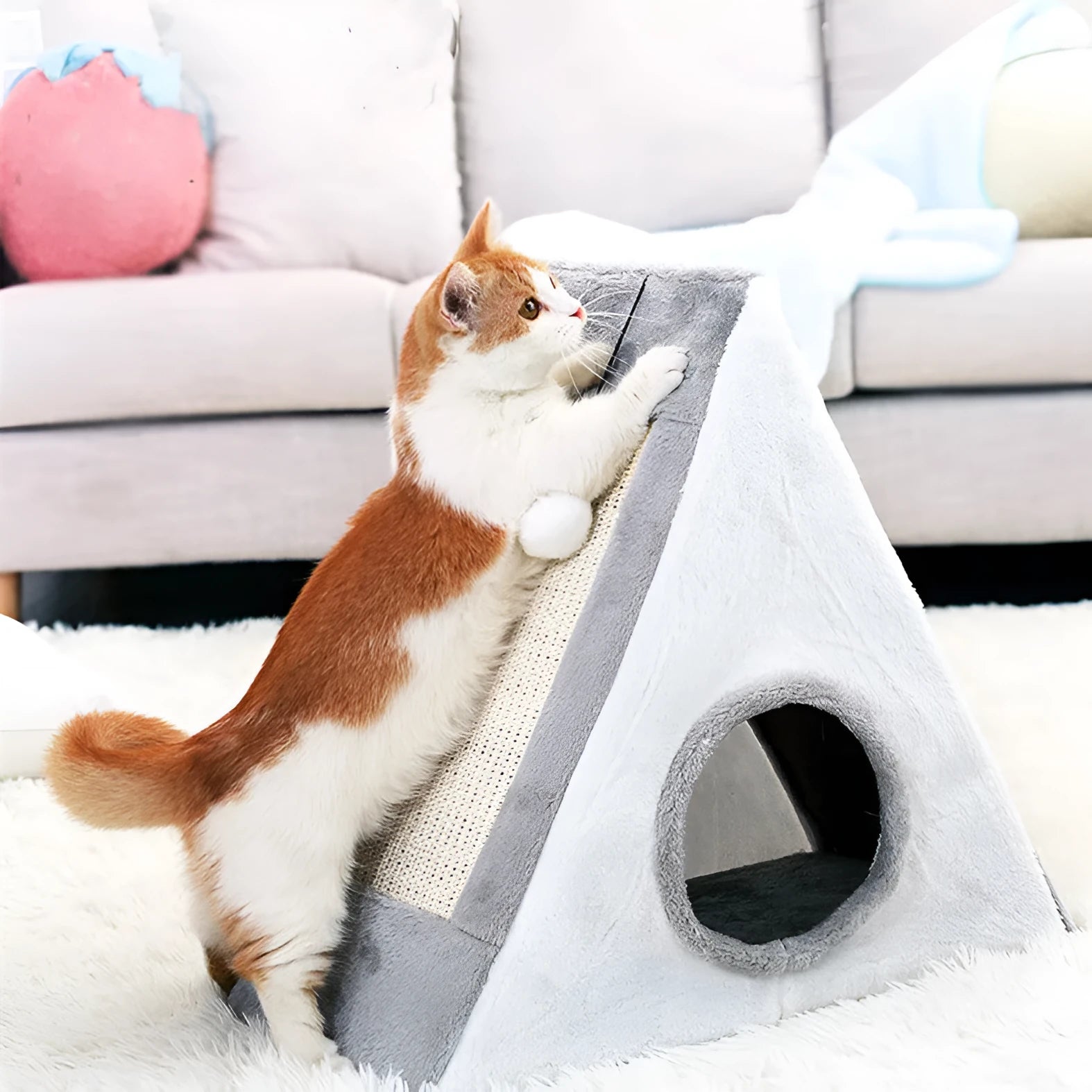 Triangular cat bed cage with sisal scratching surface in grey and white colour