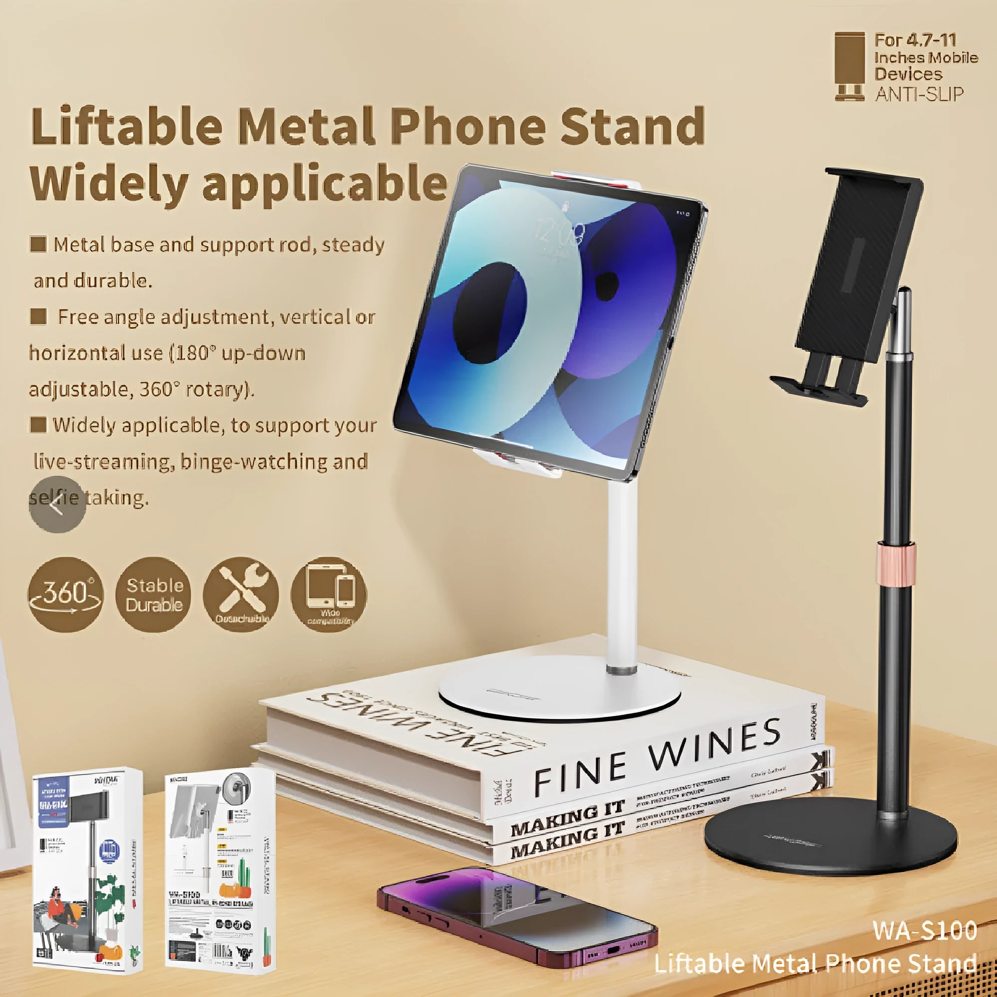 Adjustable metal lifting tablet bracket with white ABS clamp extended on a dark surface.