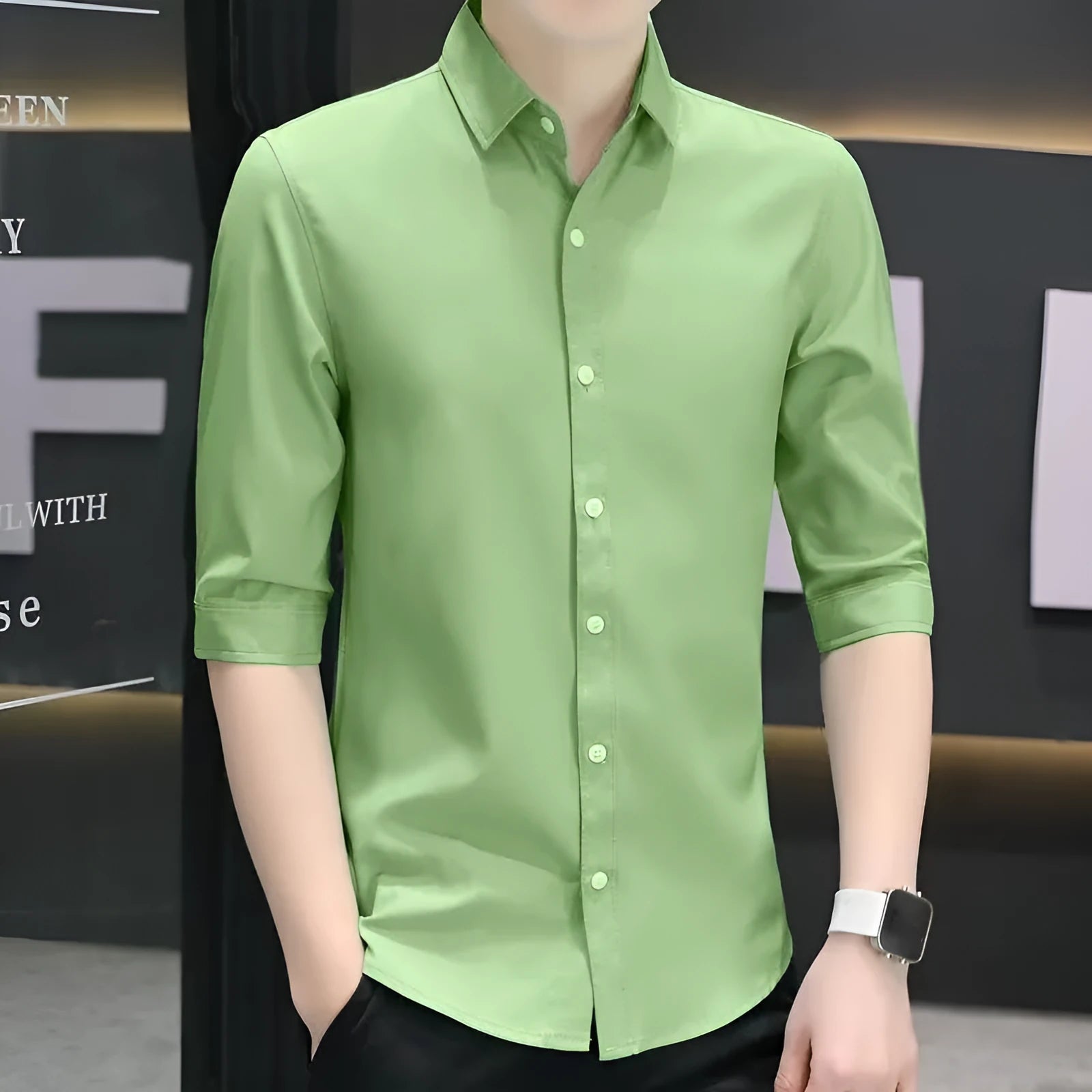 Men's slim-fit half sleeve shirt in linen-silk fabric, shown in a light blue colour with a non-ironing finish.