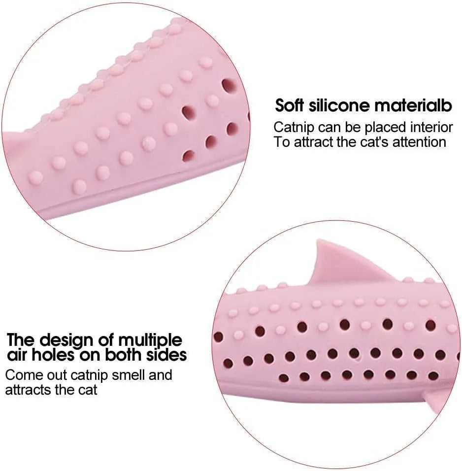 Green fish-shaped silicone cat chew toy with breathable side holes for catnip scent