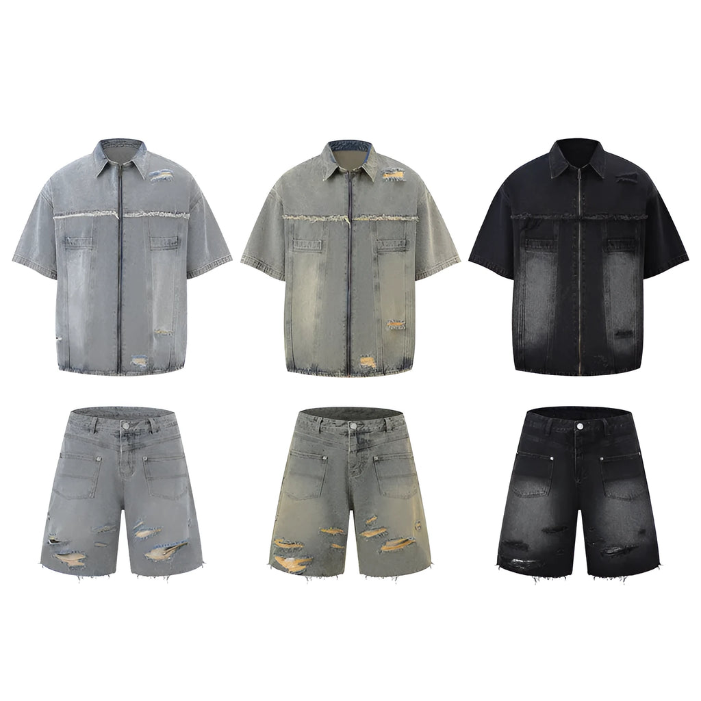 Denim loose-fit overall suit co-ord set with short sleeve top and trousers in street style.
