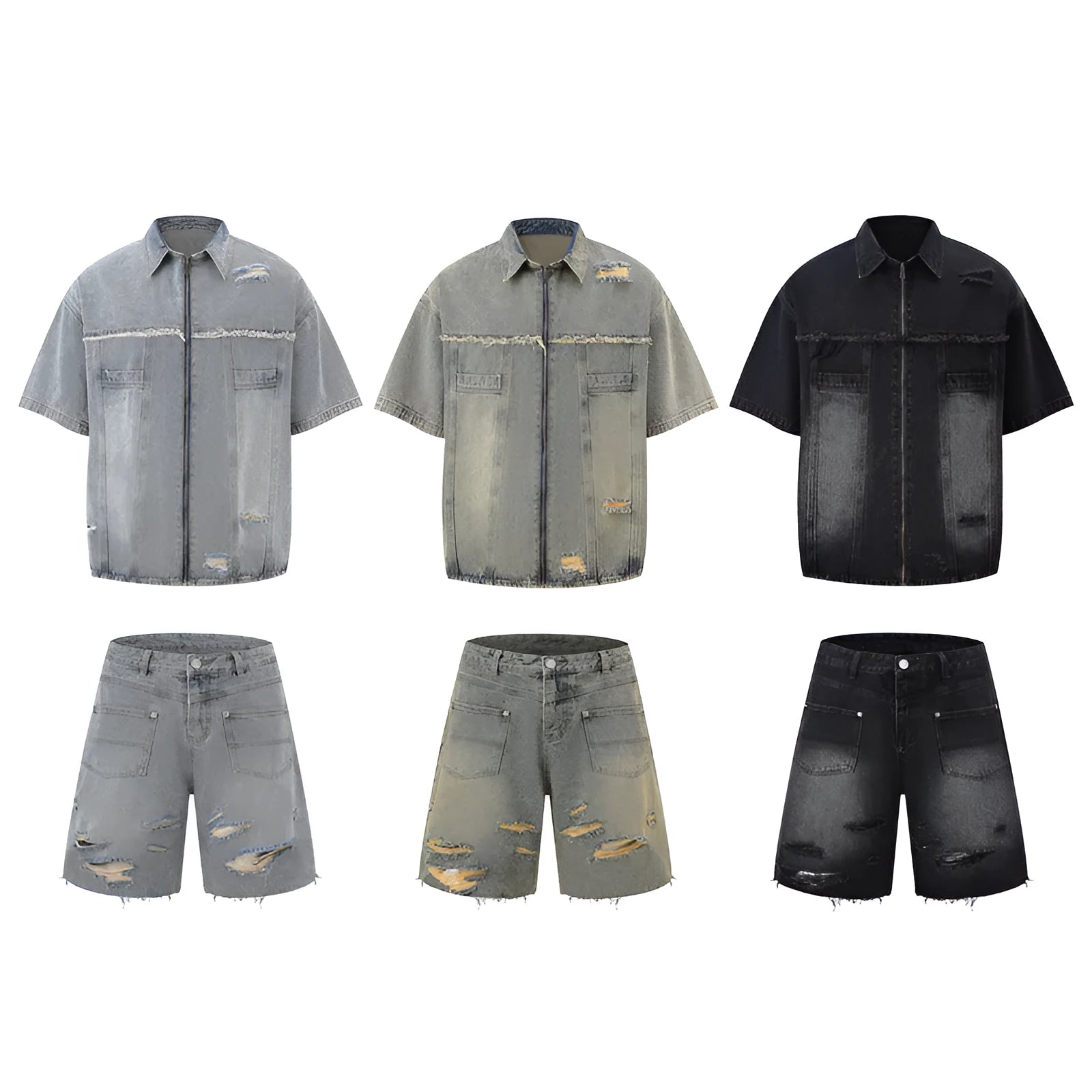 Denim loose-fit overall suit co-ord set with short sleeve top and trousers in street style.