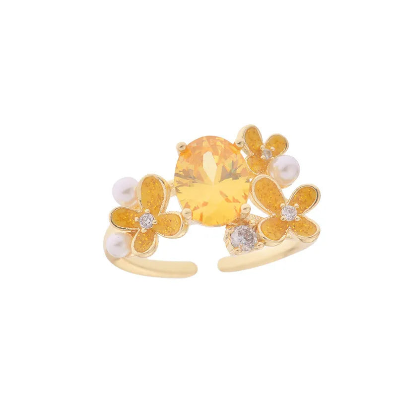 Women's flower pearl open ring with zircon stones in light purple colour