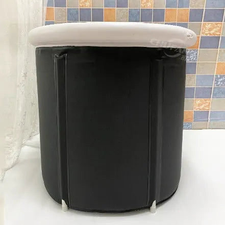 Black portable PVC ice bath measuring 70x80cm with all-weather lid and accessories for cold water therapy
