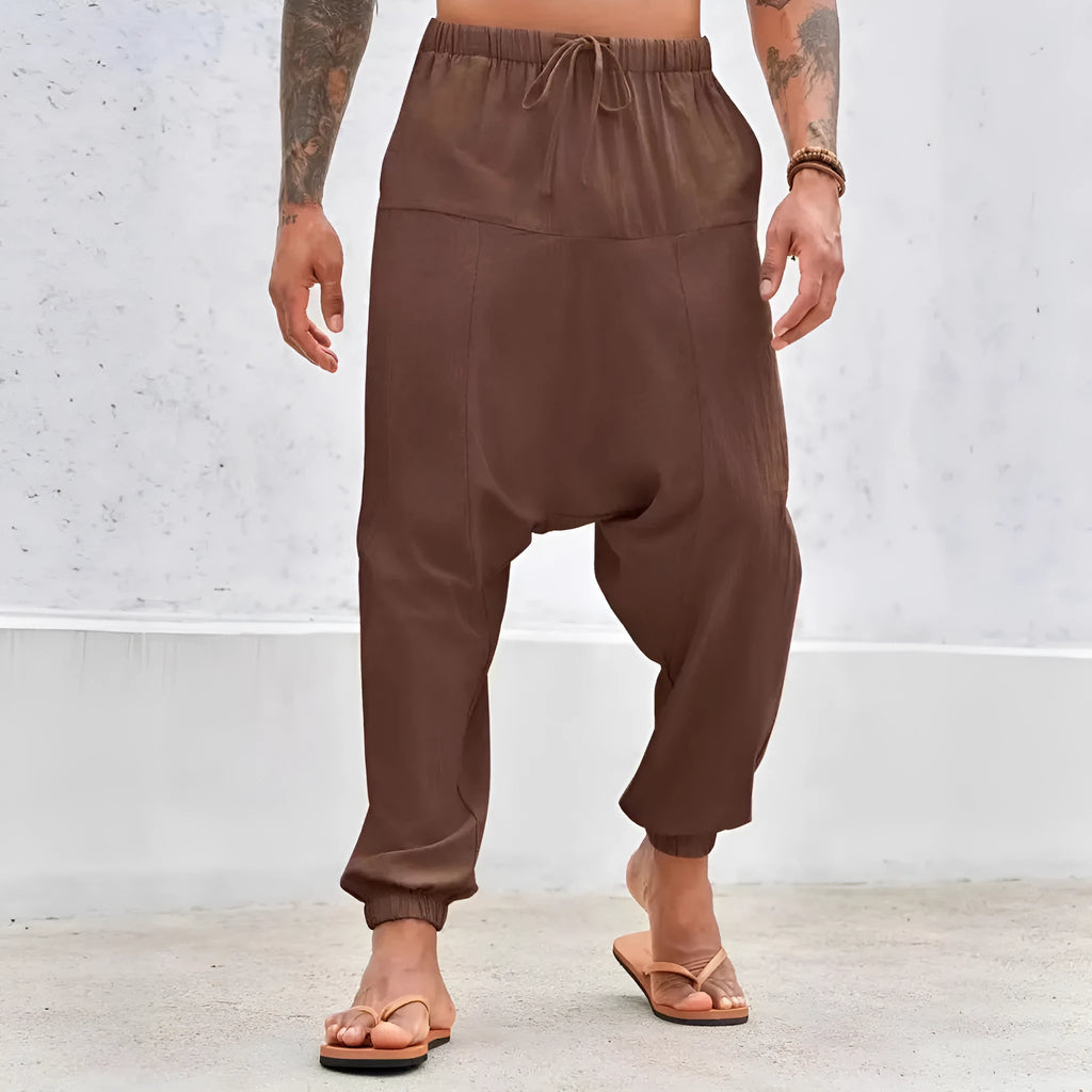 Summer breathable cotton cuffed pants with drawstring waist in khaki colour on model