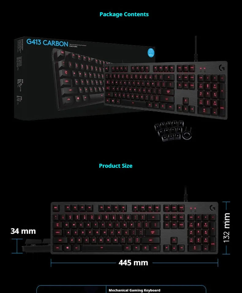 G413 104-key mechanical gaming keyboard with metal panel and USB wired connection, shown in silver white light or black red light