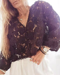 Women's black lace flower embroidered V-neck cardigan with loose fit and long sleeves