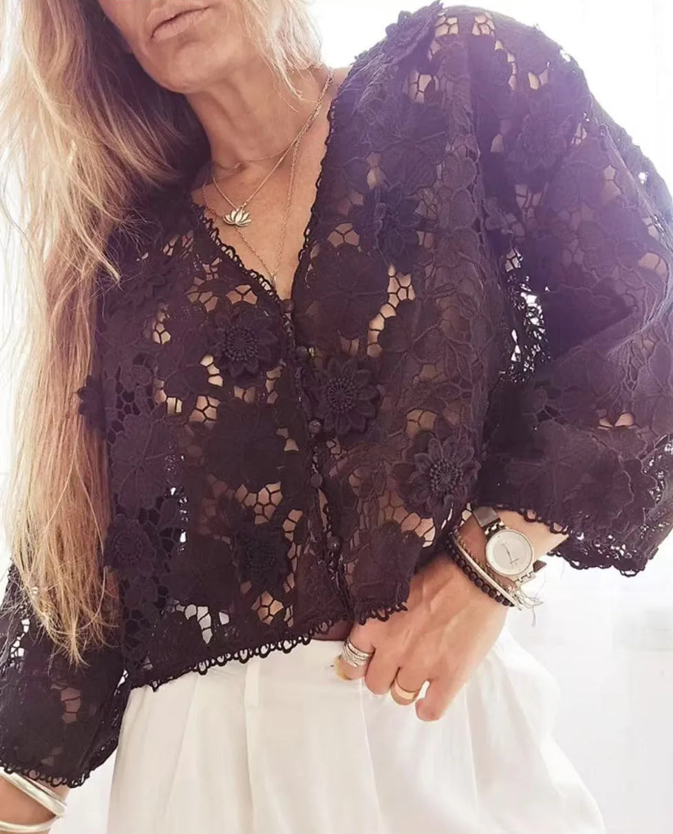 Women's black lace flower embroidered V-neck cardigan with loose fit and long sleeves