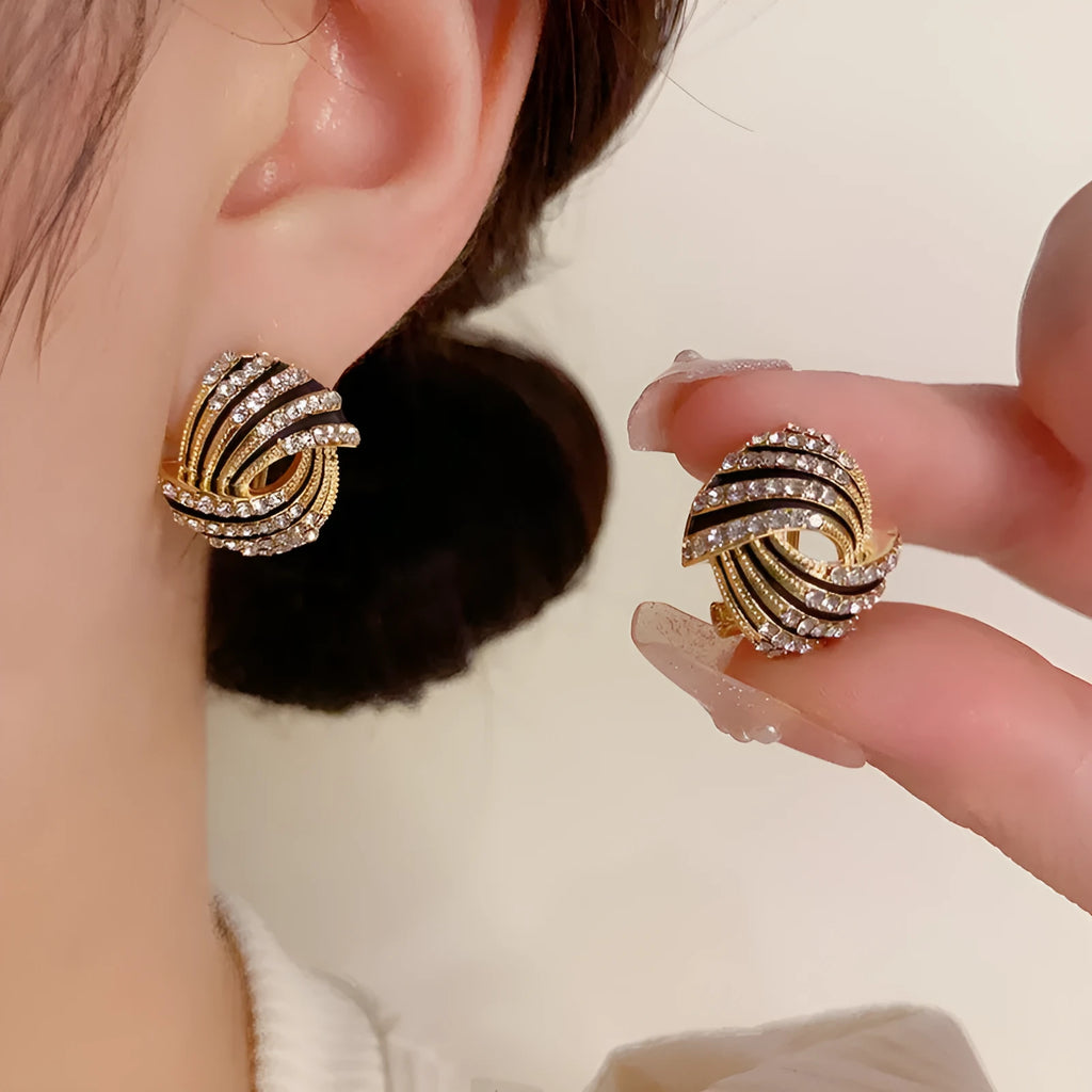 Super-flashing rhinestone ear studs with geometric ring shape and real gold plating on copper
