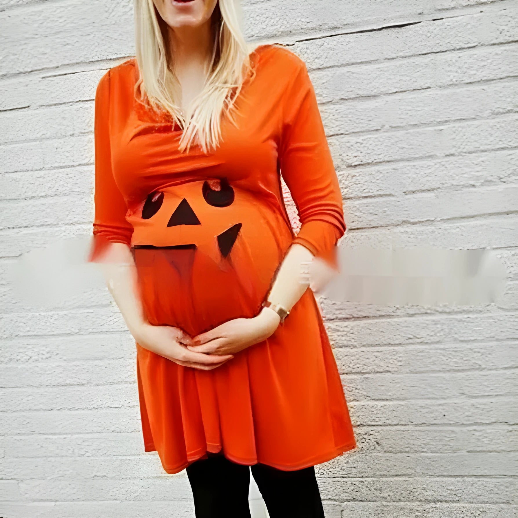 Orange cotton maternity dress on hanger showing S to 5XL size range