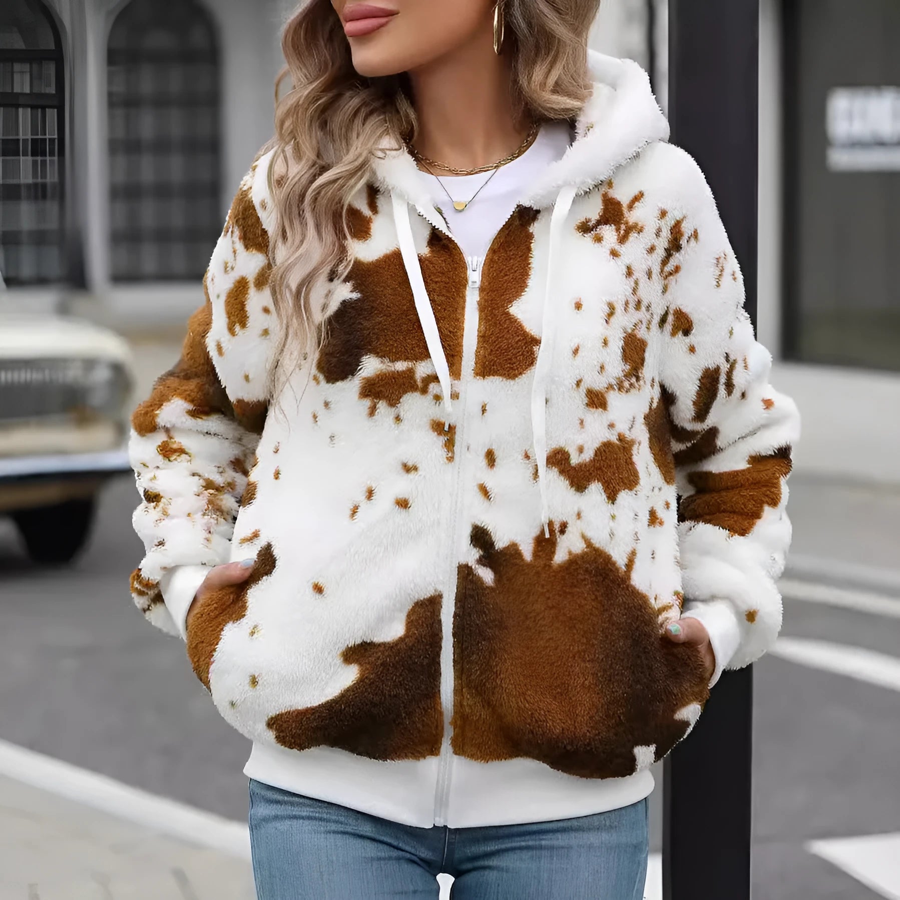 Yellow and brown cow print animal pattern hooded zip-up cardigan jacket for streetwear