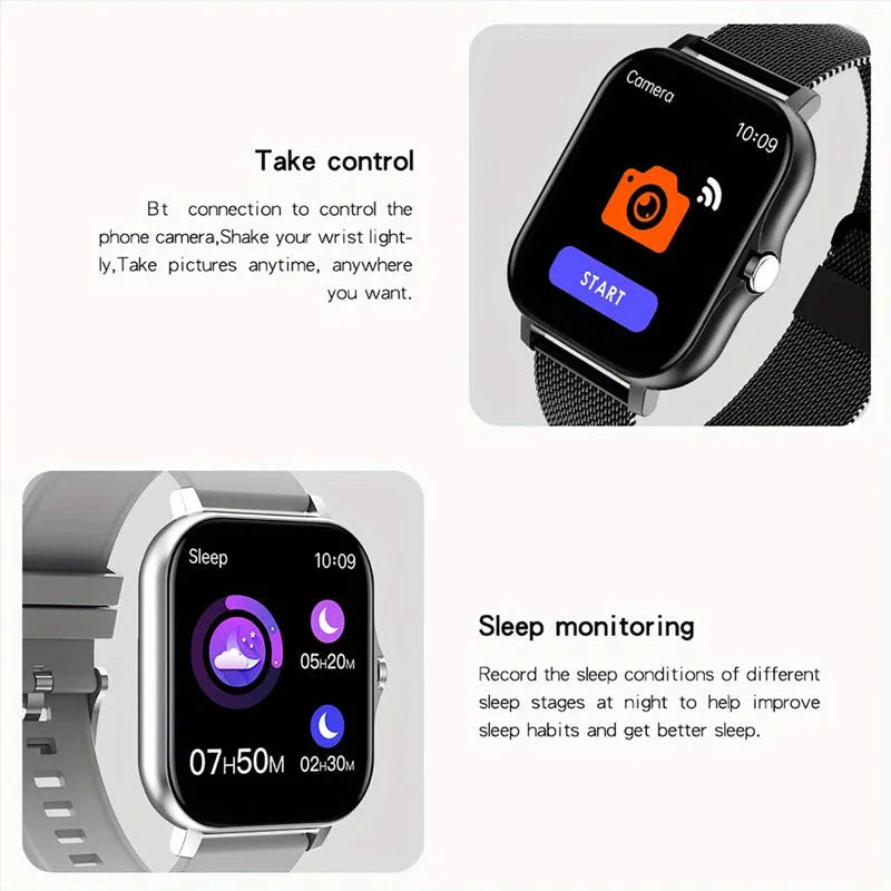 Smart watch with 1.44-inch touch screen display on a silicone strap, showing fitness metrics interface.