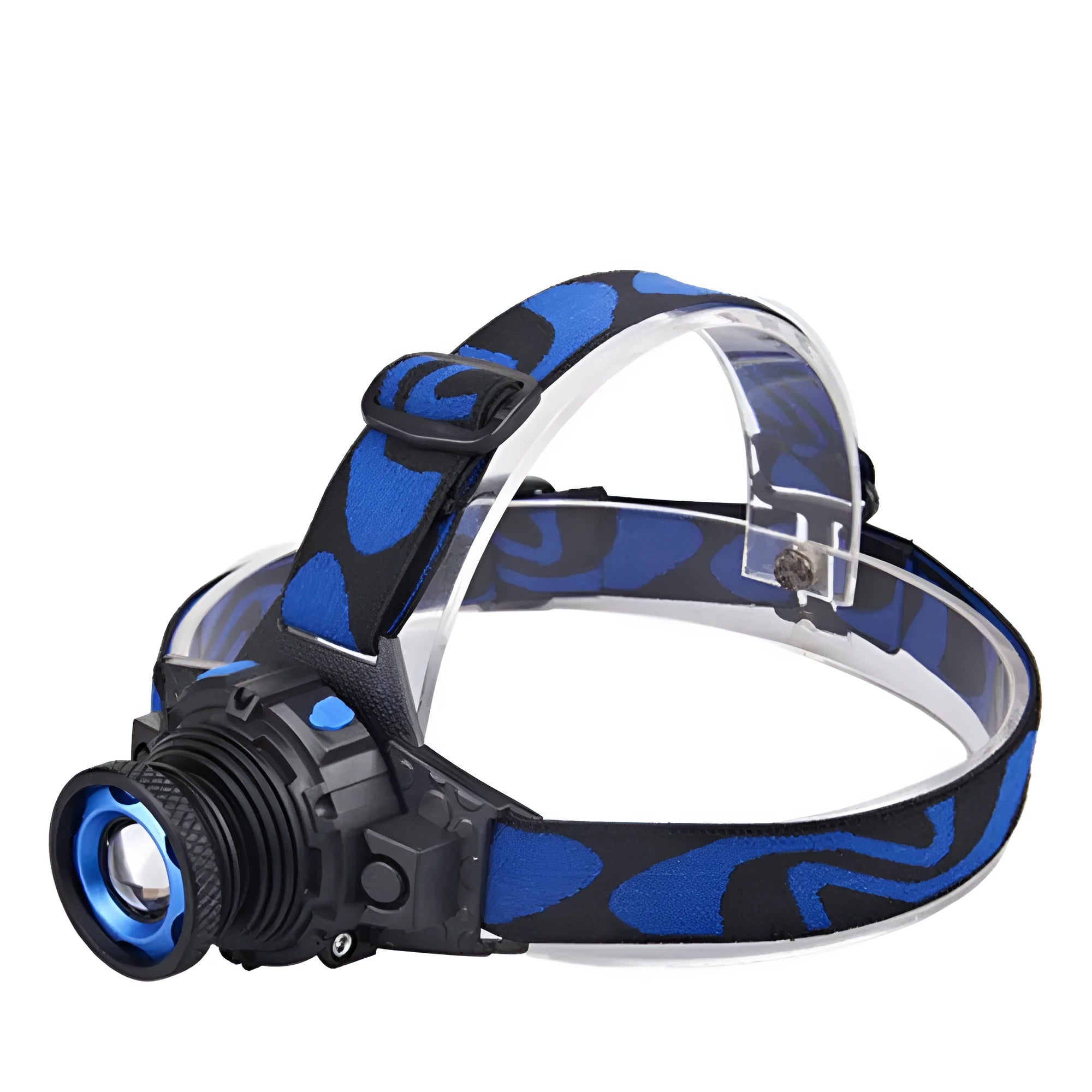 Blue aluminium alloy rechargeable LED headlamp with headband and focusing XPG light