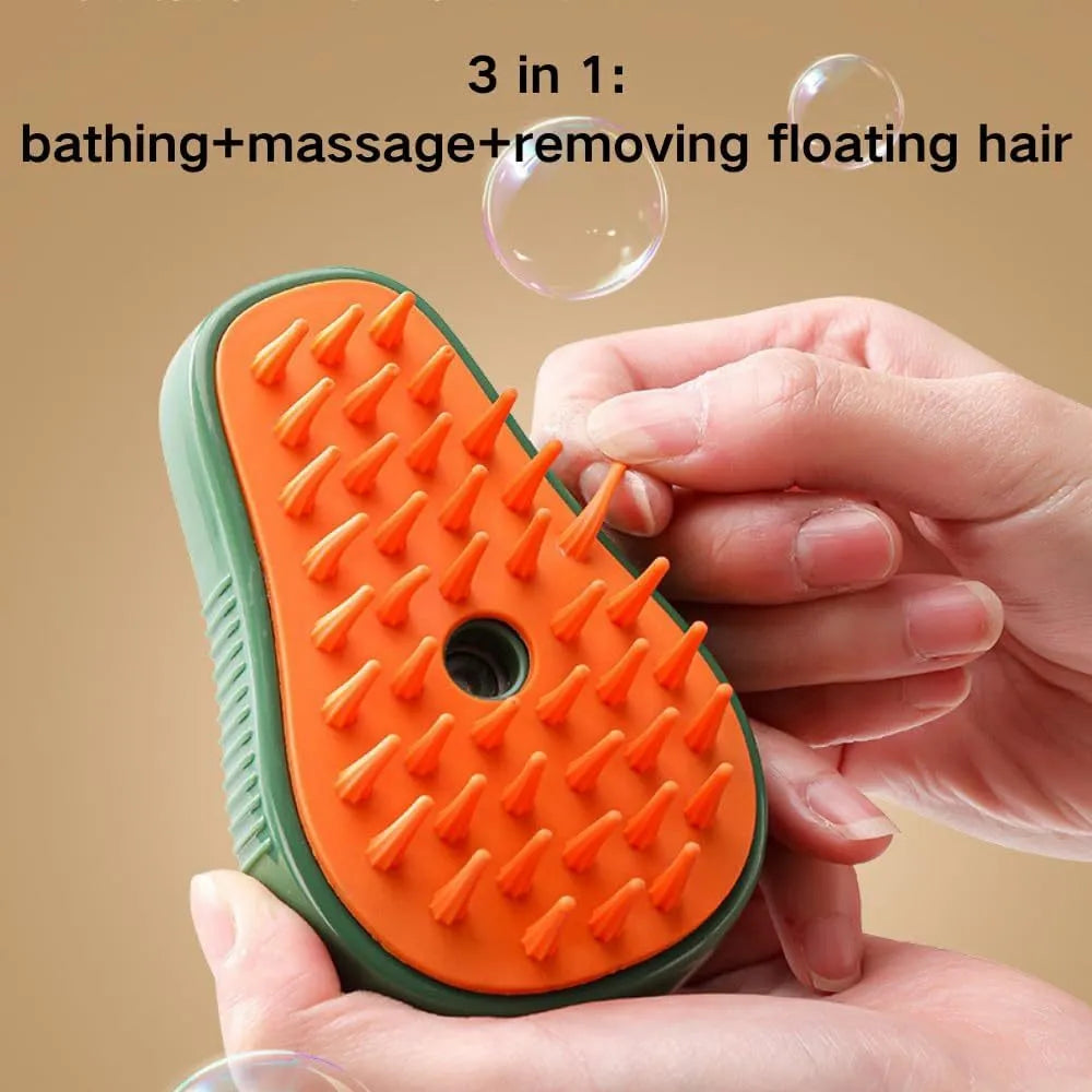 Green and white rechargeable 3-in-1 cat steam brush with silicone teeth and water spray nozzle.