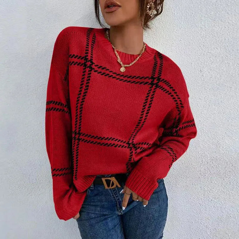 Women's loose fit plaid crew neck sweater in colour-block striped design