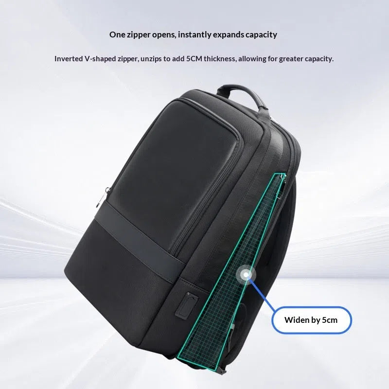 Men's commuter nylon backpack in black with stitched design and large 20-35 litre capacity for business travel