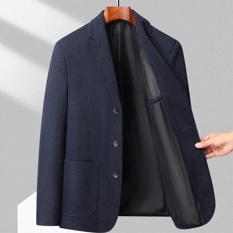 Men's loose fit woolen coat in solid colour polyester fabric for spring and autumn casual wear
