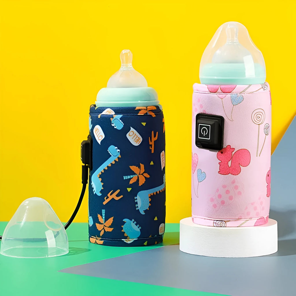 USB-powered baby bottle insulation cover in blue dinosaur design with thermostatic heating