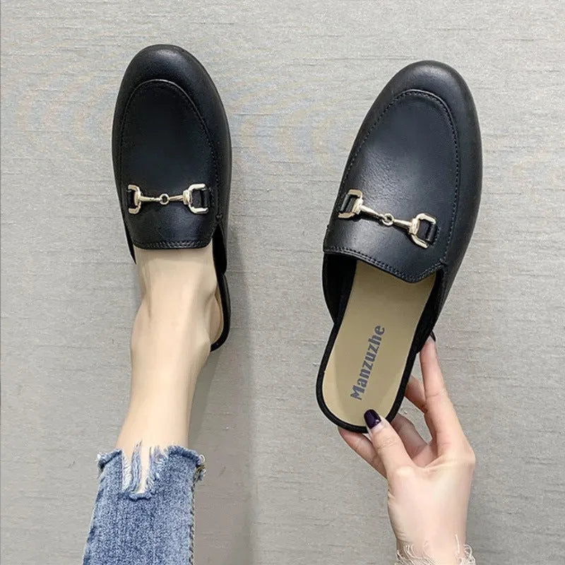 Women's PVC closed toe half slippers with buckle fastening in milky white, black or brown colours