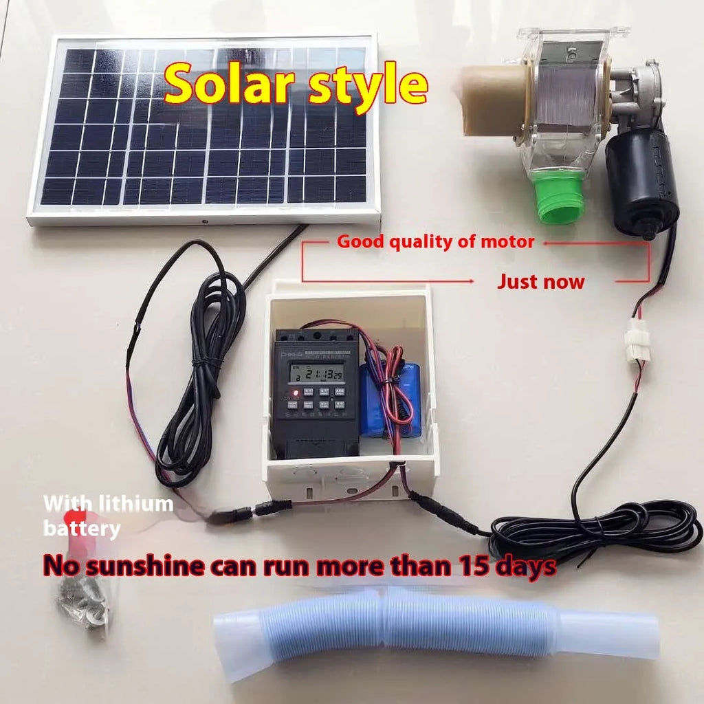 Automatic solar chicken and duck feeding machine with timer display and watertight outdoor housing.